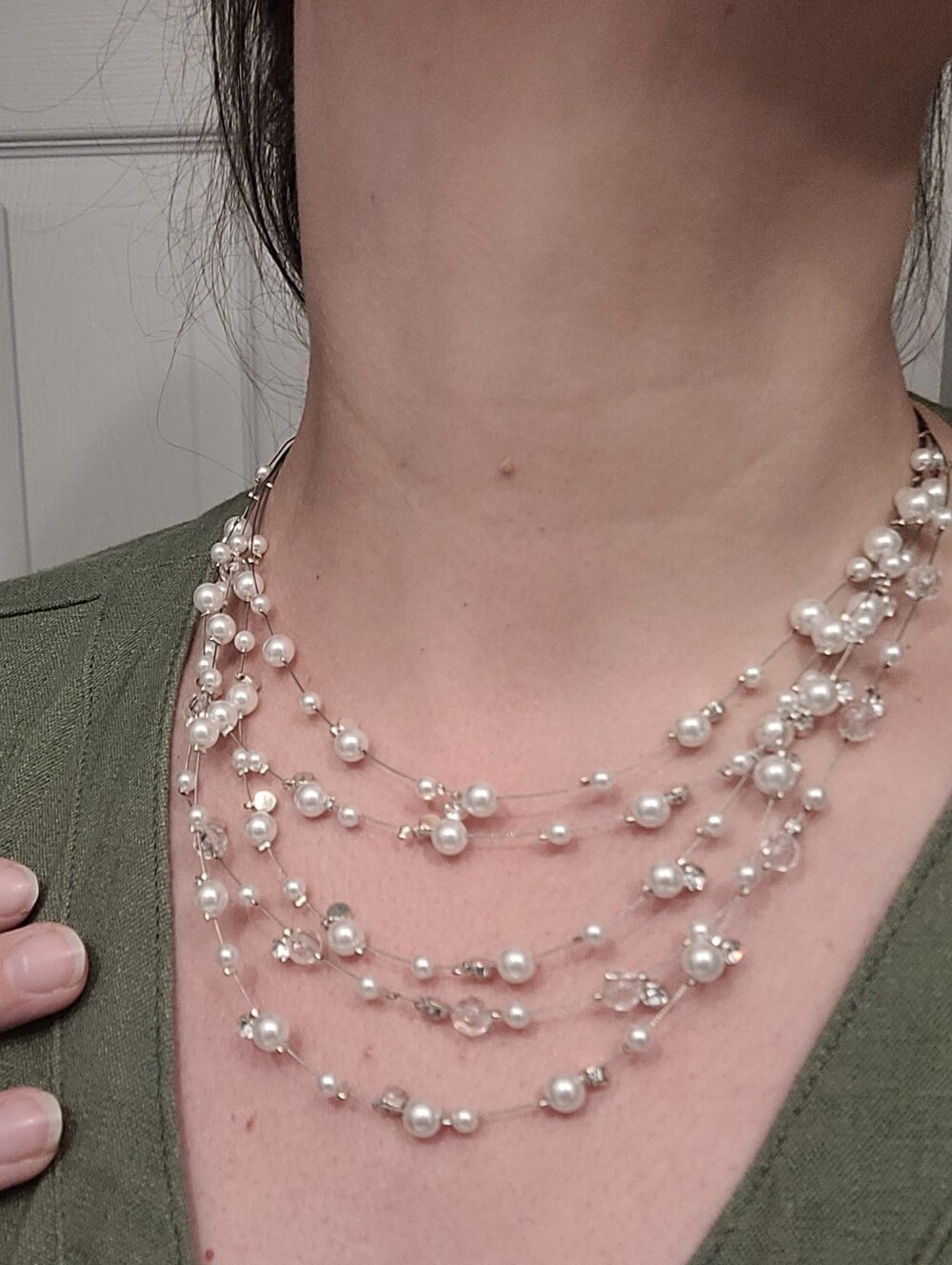 Floating Pearl & Crystal Layered Necklace | Multi-Strand Silver Tone Chains